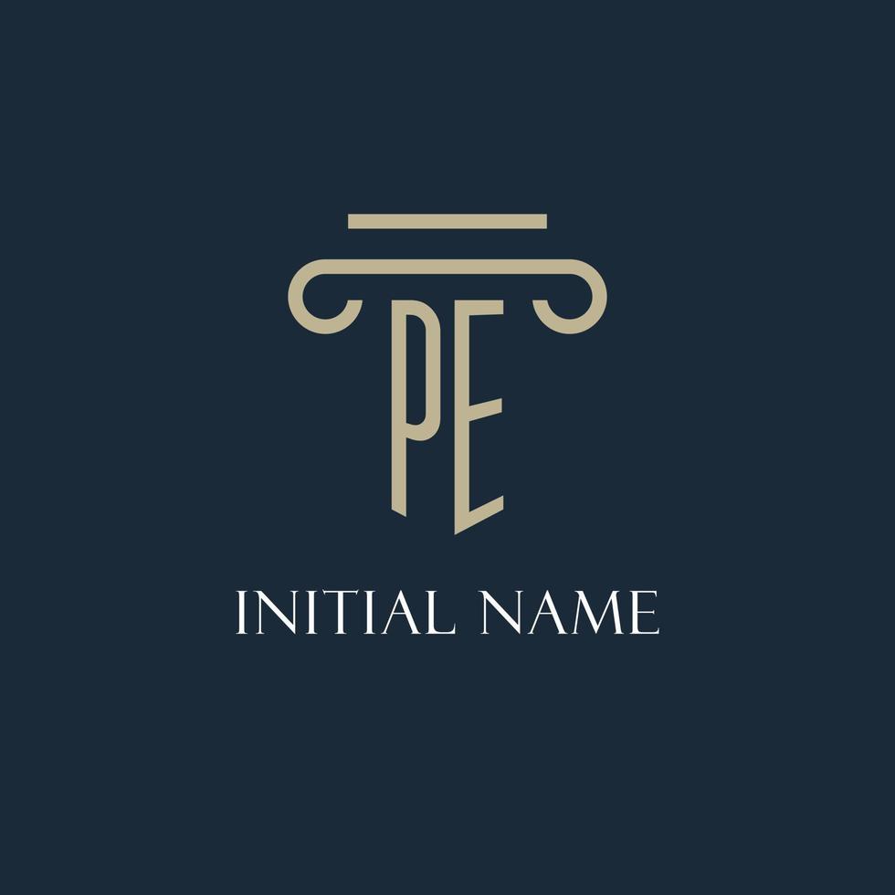 PE initial logo for lawyer, law firm, law office with pillar icon design vector