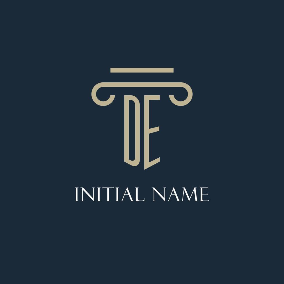 DE initial logo for lawyer, law firm, law office with pillar icon design vector