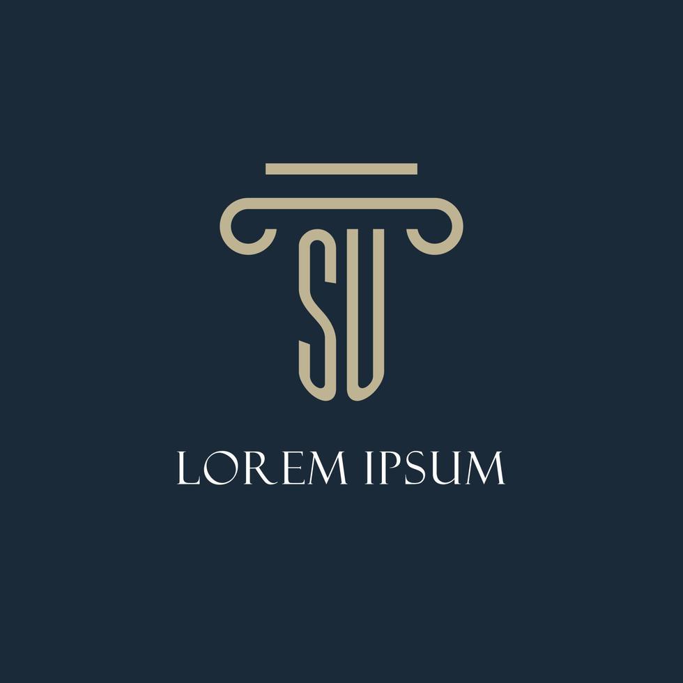 SU initial logo for lawyer, law firm, law office with pillar icon design vector