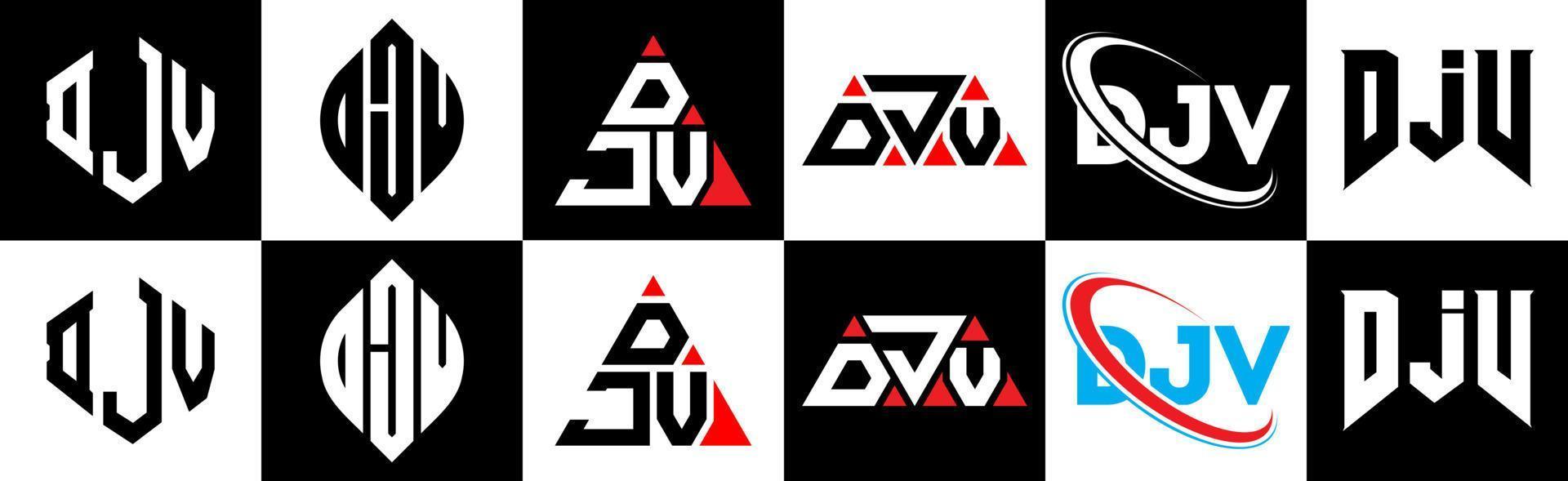 diseño de logotipo de letra djv en seis estilos. djv polígono, círculo, triángulo, hexágono, estilo plano y simple con logotipo de letra de variación de color blanco y negro en una mesa de trabajo. logotipo minimalista y clásico de djv vector