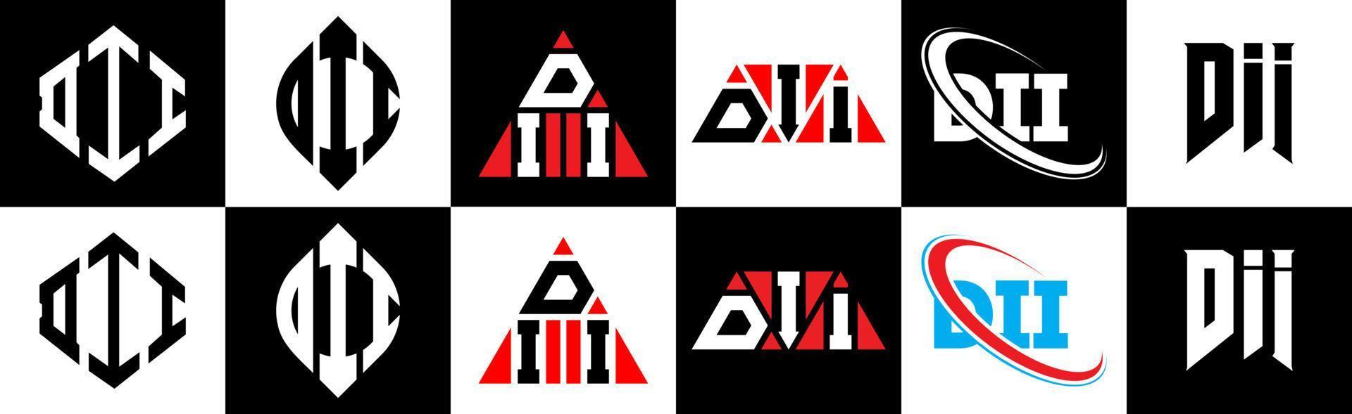 DII letter logo design in six style. DII polygon, circle, triangle, hexagon, flat and simple style with black and white color variation letter logo set in one artboard. DII minimalist and classic logo vector
