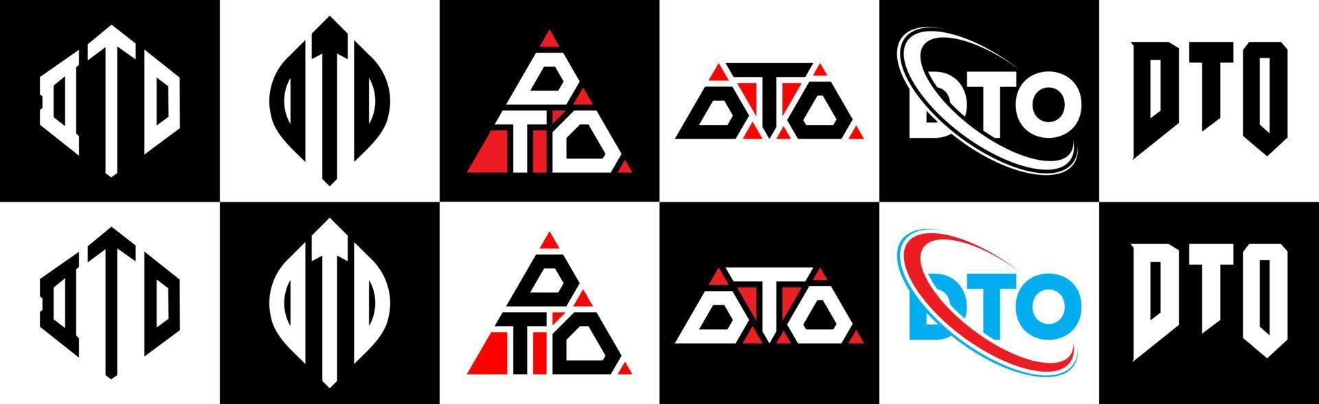 DTO letter logo design in six style. DTO polygon, circle, triangle, hexagon, flat and simple style with black and white color variation letter logo set in one artboard. DTO minimalist and classic logo vector