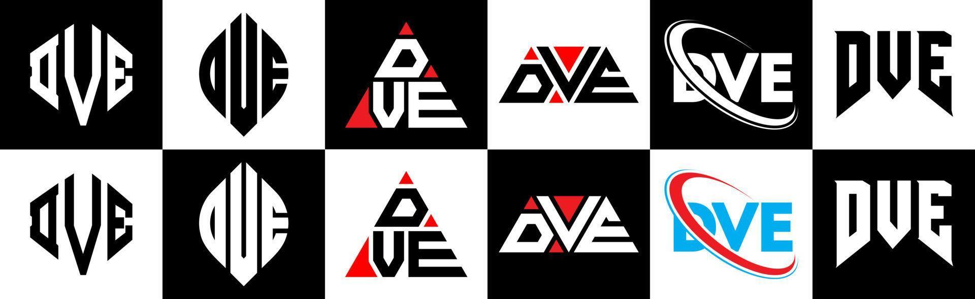 DVE letter logo design in six style. DVE polygon, circle, triangle, hexagon, flat and simple style with black and white color variation letter logo set in one artboard. DVE minimalist and classic logo vector