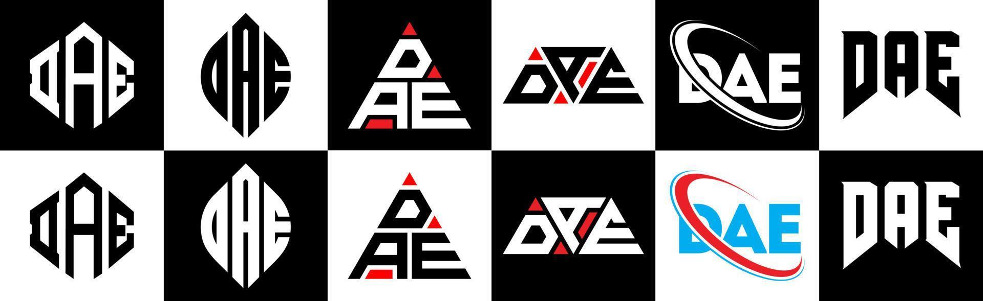 DAE letter logo design in six style. DAE polygon, circle, triangle, hexagon, flat and simple style with black and white color variation letter logo set in one artboard. DAE minimalist and classic logo vector