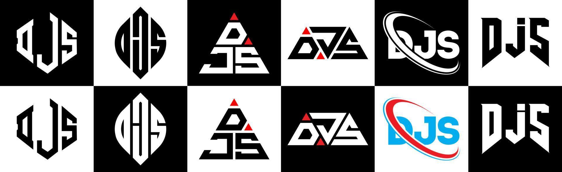 DJS letter logo design in six style. DJS polygon, circle, triangle, hexagon, flat and simple style with black and white color variation letter logo set in one artboard. DJS minimalist and classic logo vector