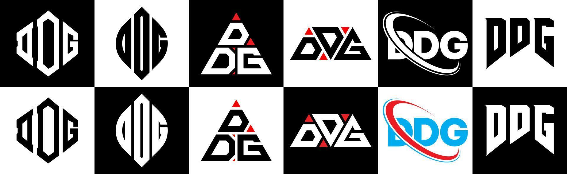 diseño de logotipo de letra ddg en seis estilos. polígono ddg, círculo, triángulo, hexágono, estilo plano y simple con logotipo de letra de variación de color blanco y negro en una mesa de trabajo. logotipo minimalista y clásico de ddg vector