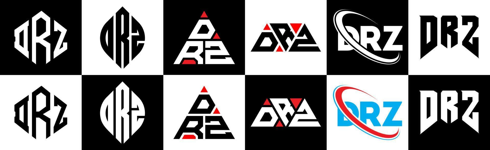 DRZ letter logo design in six style. DRZ polygon, circle, triangle, hexagon, flat and simple style with black and white color variation letter logo set in one artboard. DRZ minimalist and classic logo vector