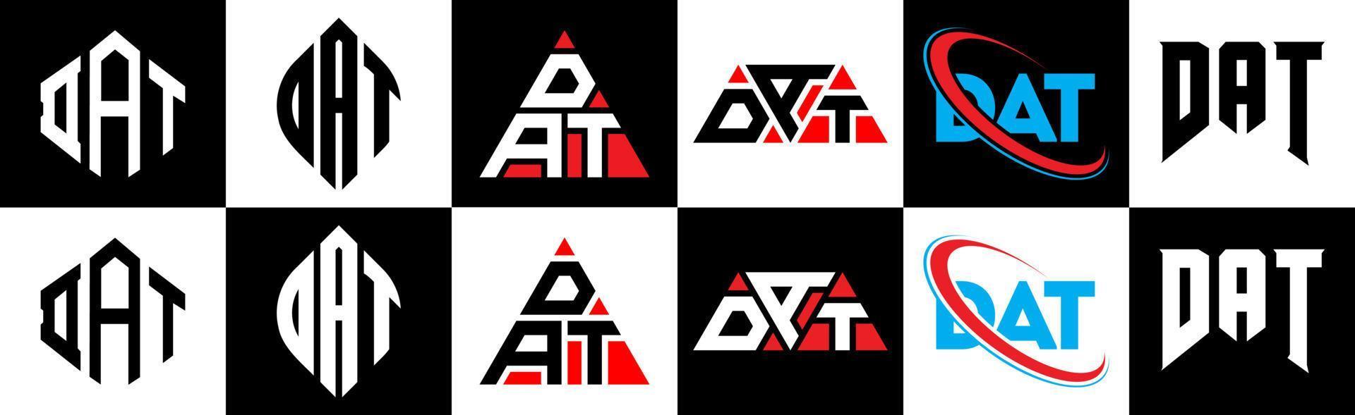 DAT letter logo design in six style. DAT polygon, circle, triangle, hexagon, flat and simple style with black and white color variation letter logo set in one artboard. DAT minimalist and classic logo vector