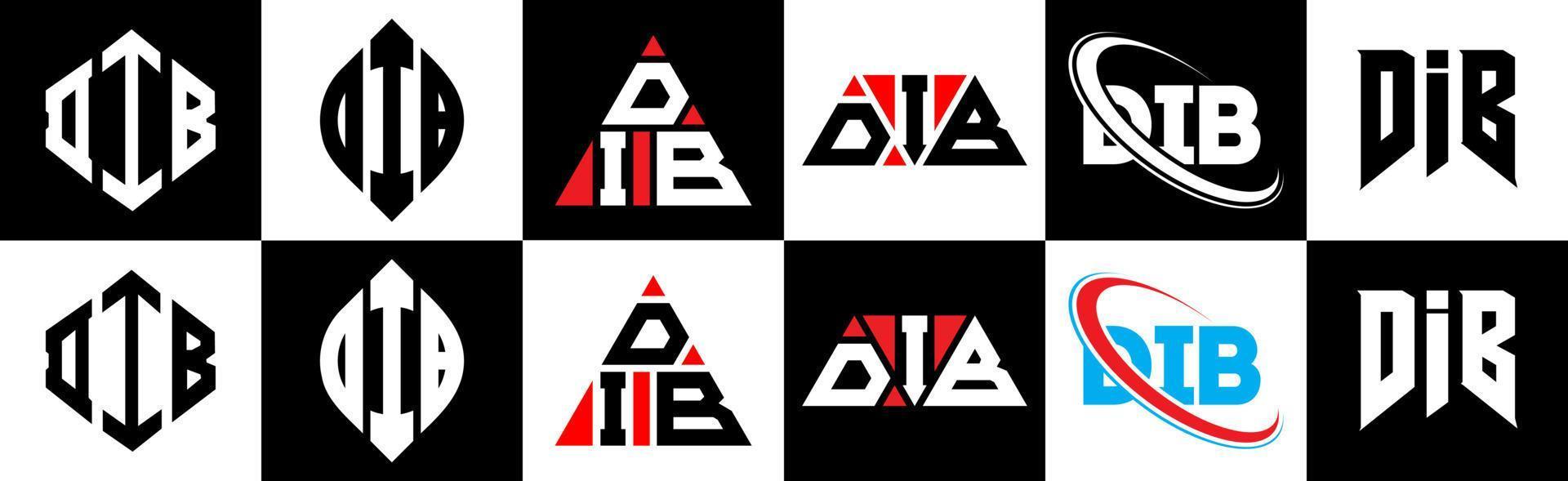 DIB letter logo design in six style. DIB polygon, circle, triangle, hexagon, flat and simple style with black and white color variation letter logo set in one artboard. DIB minimalist and classic logo vector