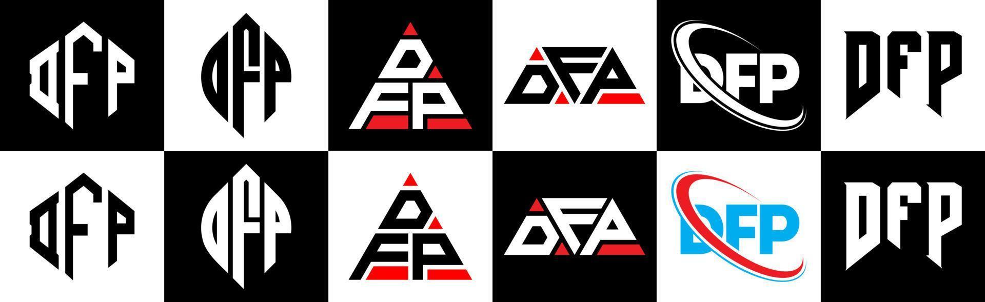 diseño de logotipo de letra dfp en seis estilos. polígono dfp, círculo, triángulo, hexágono, estilo plano y simple con logotipo de letra de variación de color blanco y negro en una mesa de trabajo. logotipo minimalista y clásico de dfp vector