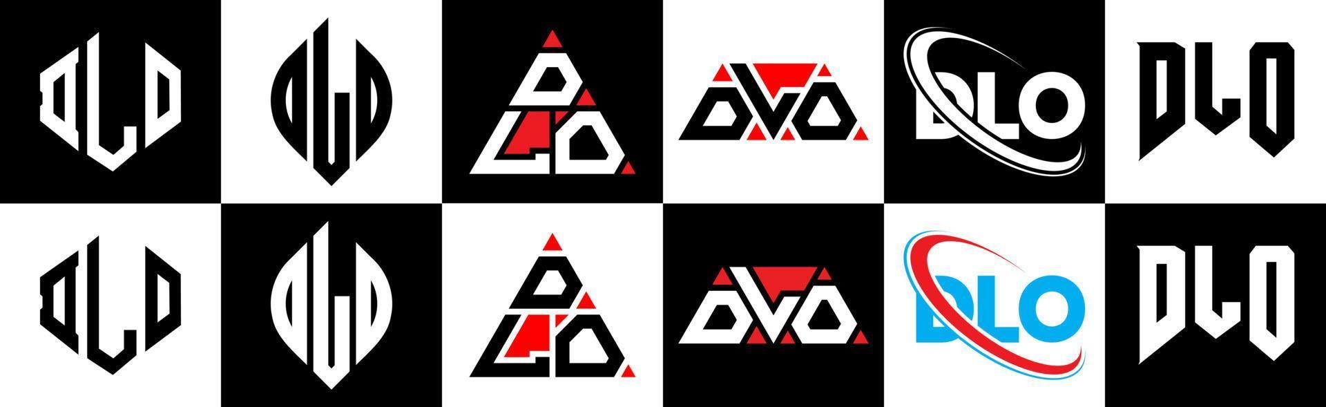 diseño del logotipo de la letra dlo en seis estilos. dlo polígono, círculo, triángulo, hexágono, estilo plano y simple con logotipo de letra de variación de color blanco y negro en una mesa de trabajo. logotipo minimalista y clásico de dlo vector