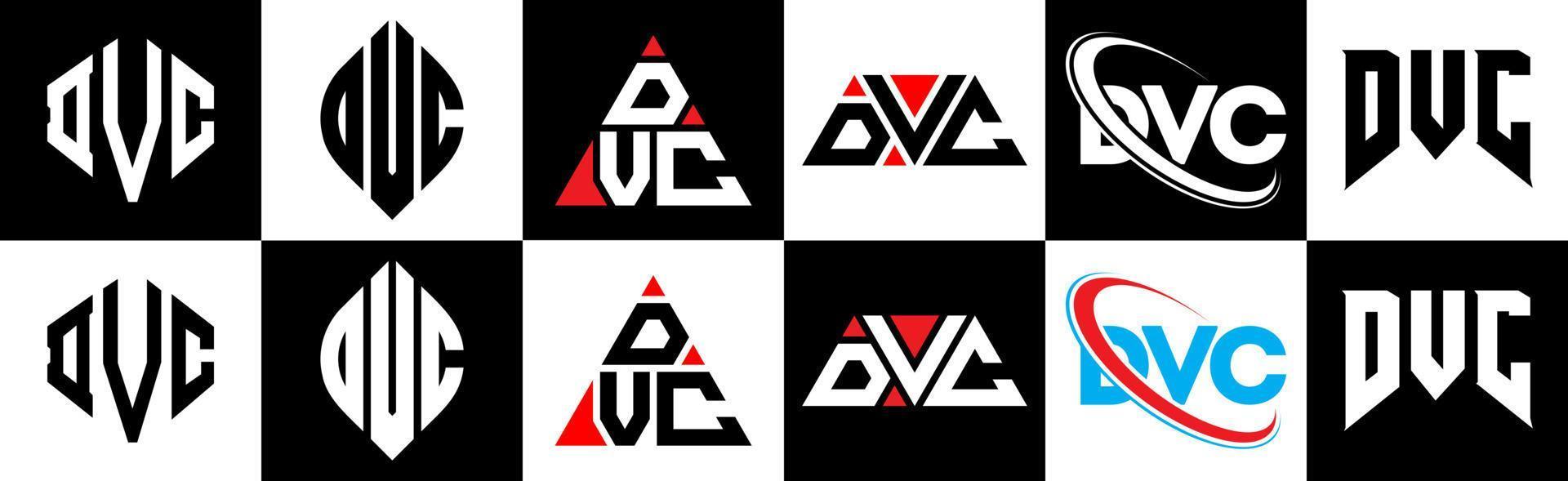 DVC letter logo design in six style. DVC polygon, circle, triangle, hexagon, flat and simple style with black and white color variation letter logo set in one artboard. DVC minimalist and classic logo vector