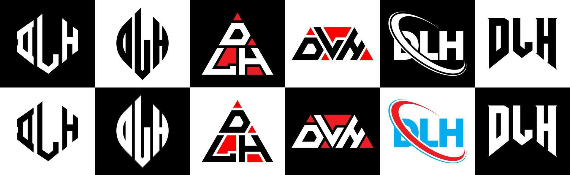 diseño de logotipo de letra dlh en seis estilos. polígono dlh, círculo, triángulo, hexágono, estilo plano y simple con logotipo de letra de variación de color blanco y negro en una mesa de trabajo. logotipo minimalista y clásico de dlh vector