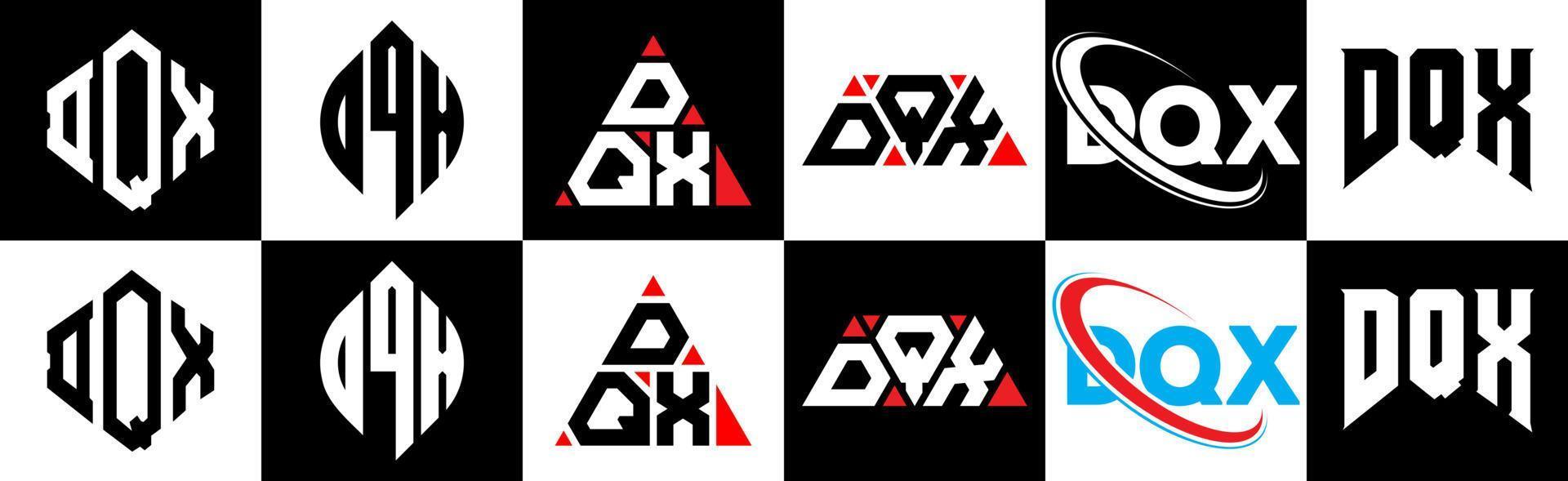 DQX letter logo design in six style. DQX polygon, circle, triangle, hexagon, flat and simple style with black and white color variation letter logo set in one artboard. DQX minimalist and classic logo vector