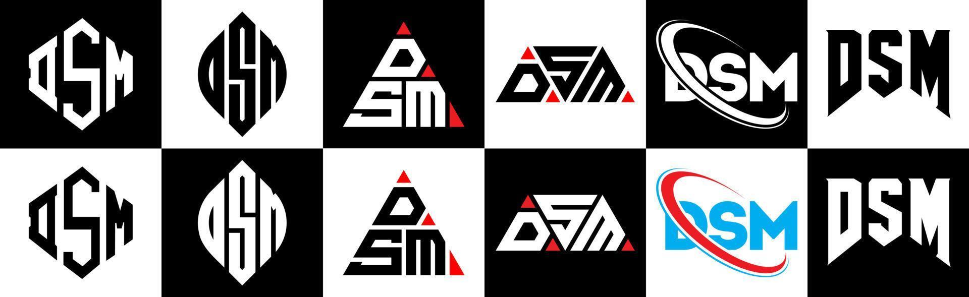 DSM letter logo design in six style. DSM polygon, circle, triangle, hexagon, flat and simple style with black and white color variation letter logo set in one artboard. DSM minimalist and classic logo vector