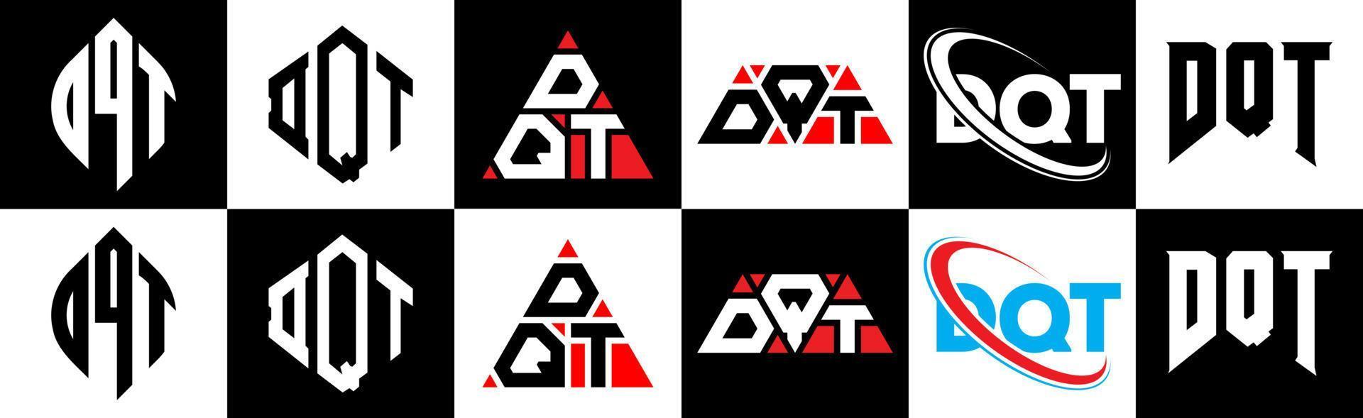 DQT letter logo design in six style. DQT polygon, circle, triangle, hexagon, flat and simple style with black and white color variation letter logo set in one artboard. DQT minimalist and classic logo vector