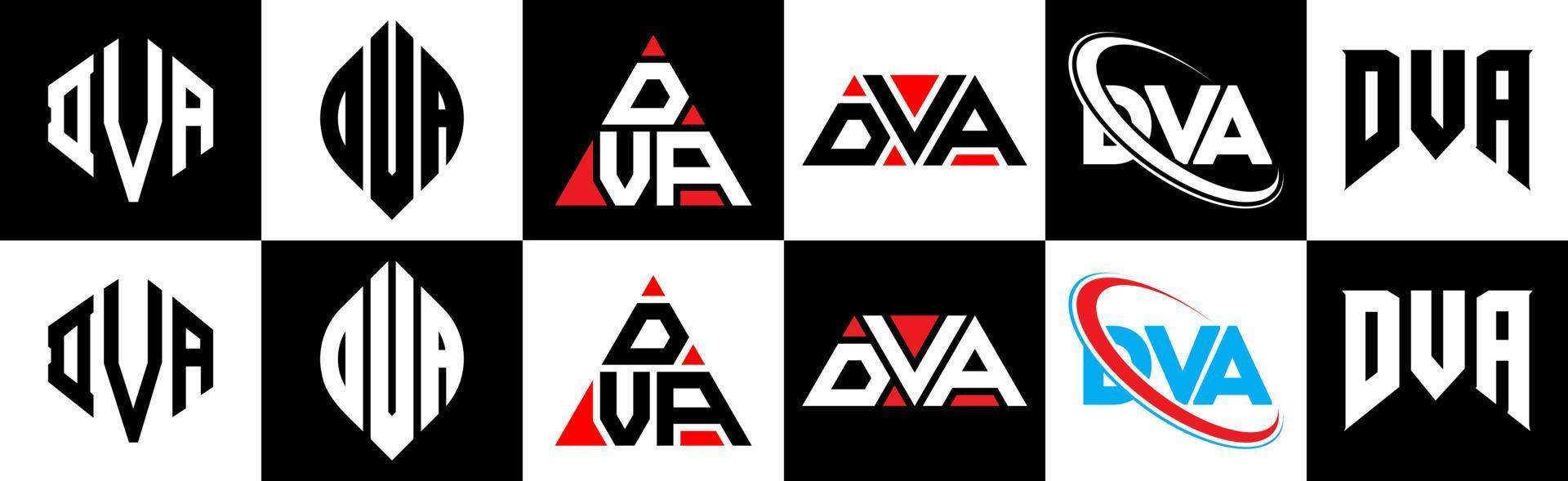 DVA letter logo design in six style. DVA polygon, circle, triangle, hexagon, flat and simple style with black and white color variation letter logo set in one artboard. DVA minimalist and classic logo vector