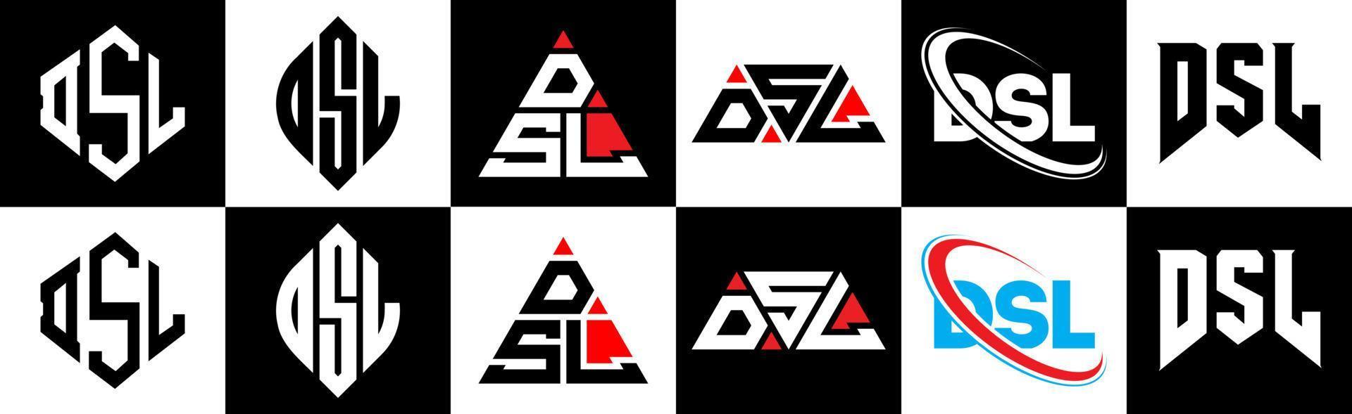 DSL letter logo design in six style. DSL polygon, circle, triangle, hexagon, flat and simple style with black and white color variation letter logo set in one artboard. DSL minimalist and classic logo vector