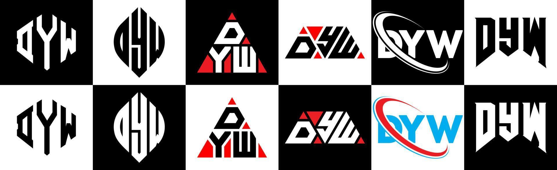DYW letter logo design in six style. DYW polygon, circle, triangle, hexagon, flat and simple style with black and white color variation letter logo set in one artboard. DYW minimalist and classic logo vector