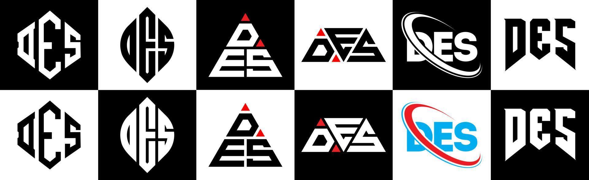 diseño del logotipo de la letra des en seis estilos. des polígono, círculo, triángulo, hexágono, estilo plano y simple con logotipo de letra de variación de color blanco y negro en una mesa de trabajo. des logo minimalista y clásico vector