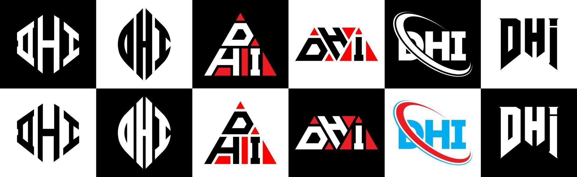 DHI letter logo design in six style. DHI polygon, circle, triangle, hexagon, flat and simple style with black and white color variation letter logo set in one artboard. DHI minimalist and classic logo vector