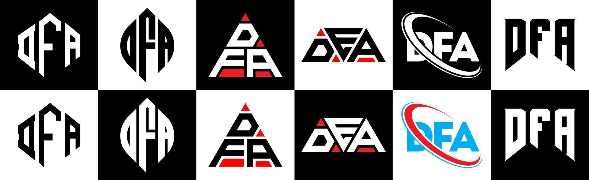 DFA letter logo design in six style. DFA polygon, circle, triangle, hexagon, flat and simple style with black and white color variation letter logo set in one artboard. DFA minimalist and classic logo vector