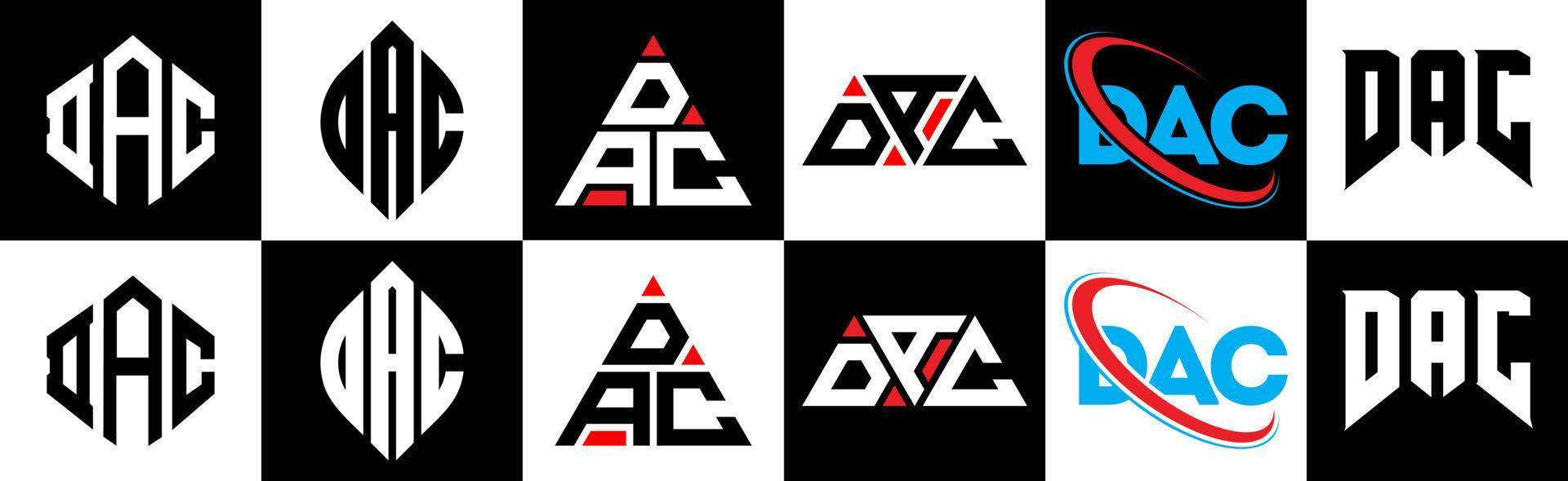 diseño de logotipo de letra dac en seis estilos. polígono dac, círculo, triángulo, hexágono, estilo plano y simple con logotipo de letra de variación de color blanco y negro en una mesa de trabajo. logo minimalista y clásico de dac vector