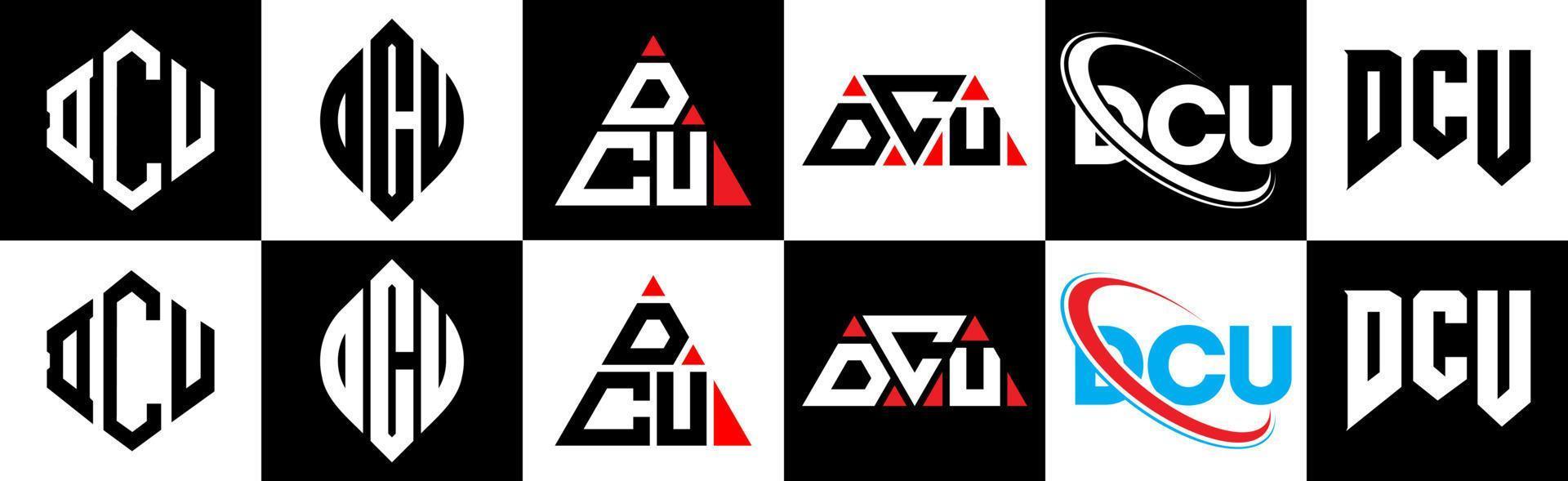 DCU letter logo design in six style. DCU polygon, circle, triangle, hexagon, flat and simple style with black and white color variation letter logo set in one artboard. DCU minimalist and classic logo vector