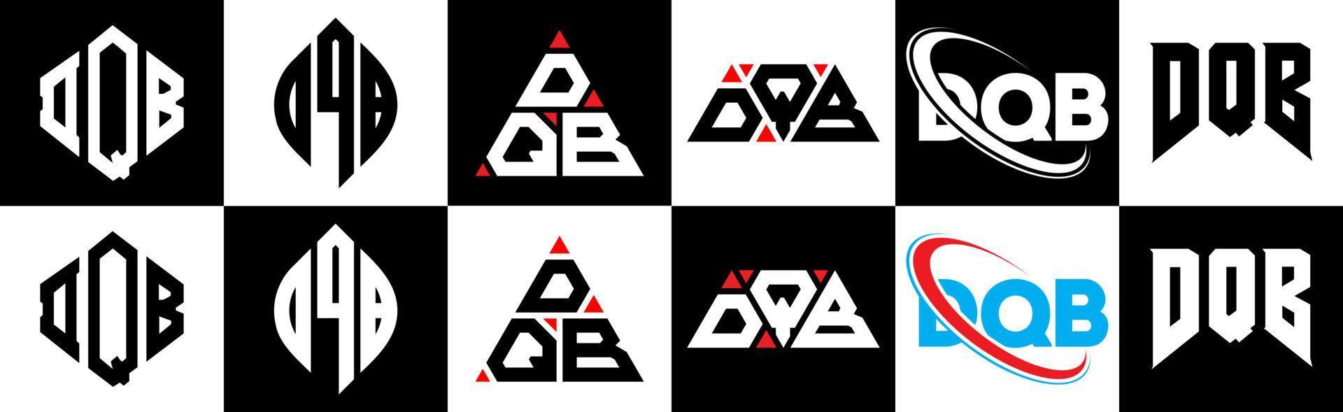 DQB letter logo design in six style. DQB polygon, circle, triangle, hexagon, flat and simple style with black and white color variation letter logo set in one artboard. DQB minimalist and classic logo vector
