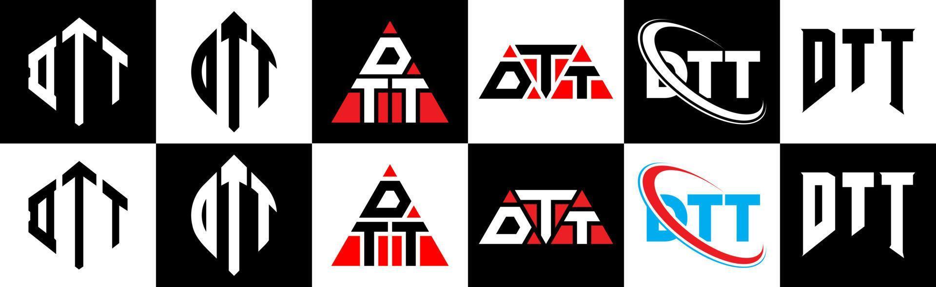 DTT letter logo design in six style. DTT polygon, circle, triangle, hexagon, flat and simple style with black and white color variation letter logo set in one artboard. DTT minimalist and classic logo vector