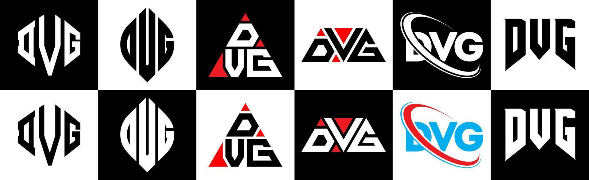 diseño de logotipo de letra dvg en seis estilos. dvg polígono, círculo, triángulo, hexágono, estilo plano y simple con logotipo de letra de variación de color blanco y negro en una mesa de trabajo. logotipo minimalista y clásico de dvg vector