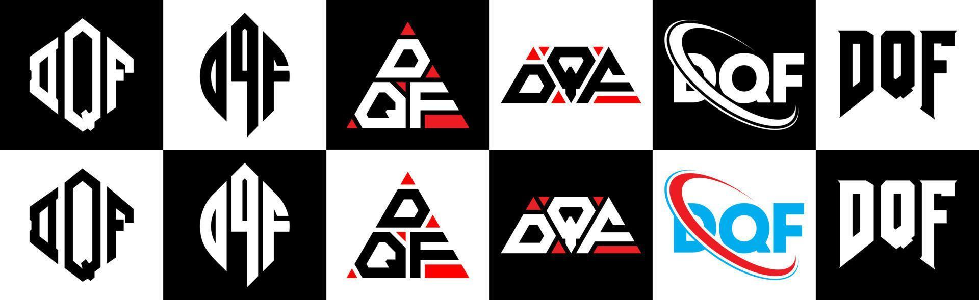 diseño de logotipo de letra dqf en seis estilos. polígono dqf, círculo, triángulo, hexágono, estilo plano y simple con logotipo de letra de variación de color blanco y negro en una mesa de trabajo. logotipo minimalista y clásico dqf vector