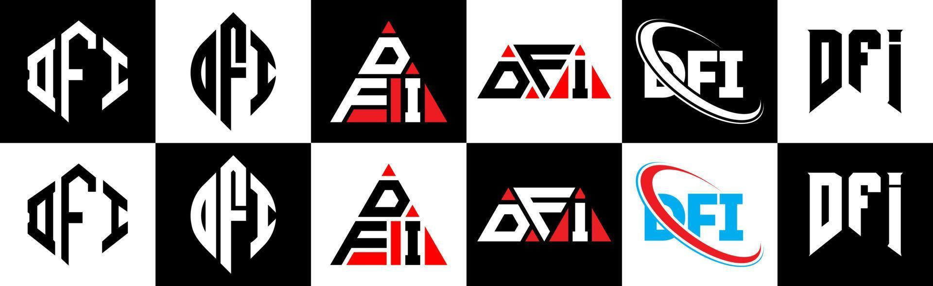 DFI letter logo design in six style. DFI polygon, circle, triangle, hexagon, flat and simple style with black and white color variation letter logo set in one artboard. DFI minimalist and classic logo vector