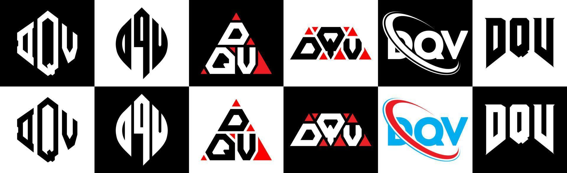 DQV letter logo design in six style. DQV polygon, circle, triangle, hexagon, flat and simple style with black and white color variation letter logo set in one artboard. DQV minimalist and classic logo vector