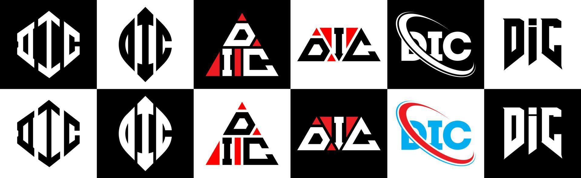 diseño de logotipo de letra dic en seis estilos. polígono dic, círculo, triángulo, hexágono, estilo plano y simple con logotipo de letra de variación de color blanco y negro en una mesa de trabajo. logotipo minimalista y clásico de dic vector