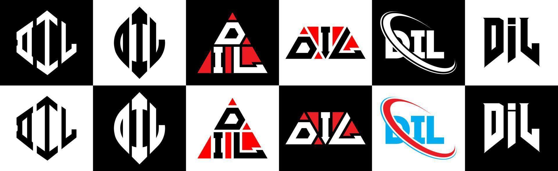 DIL letter logo design in six style. DIL polygon, circle, triangle, hexagon, flat and simple style with black and white color variation letter logo set in one artboard. DIL minimalist and classic logo vector