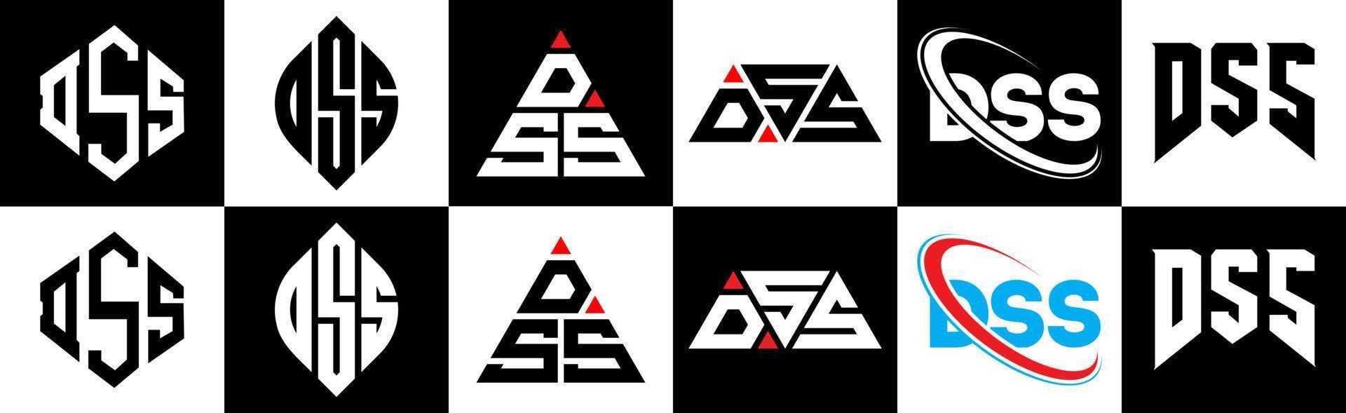 DSS letter logo design in six style. DSS polygon, circle, triangle, hexagon, flat and simple style with black and white color variation letter logo set in one artboard. DSS minimalist and classic logo vector