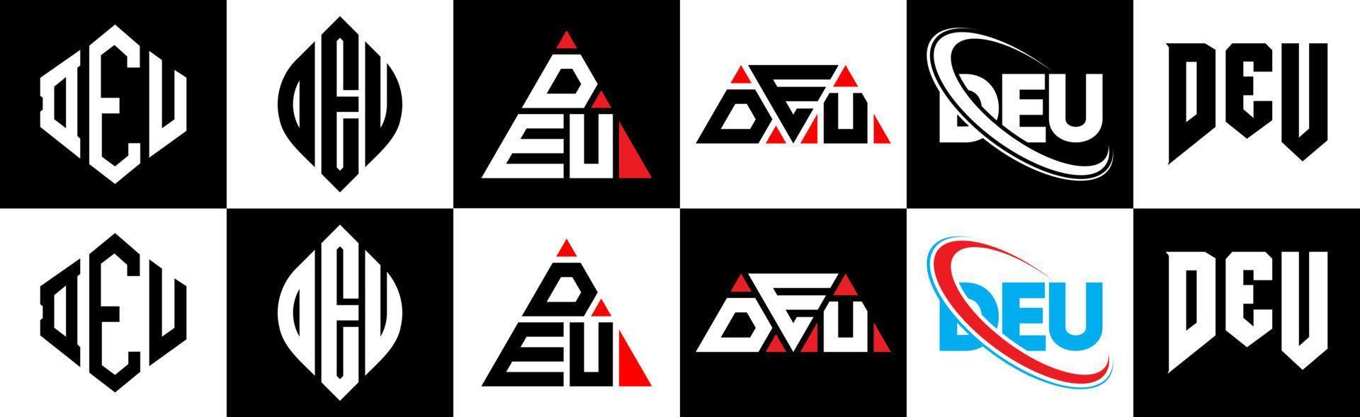 diseño de logotipo de letra deu en seis estilos. deu polígono, círculo, triángulo, hexágono, estilo plano y simple con logotipo de letra de variación de color blanco y negro en una mesa de trabajo. deu logo minimalista y clásico vector