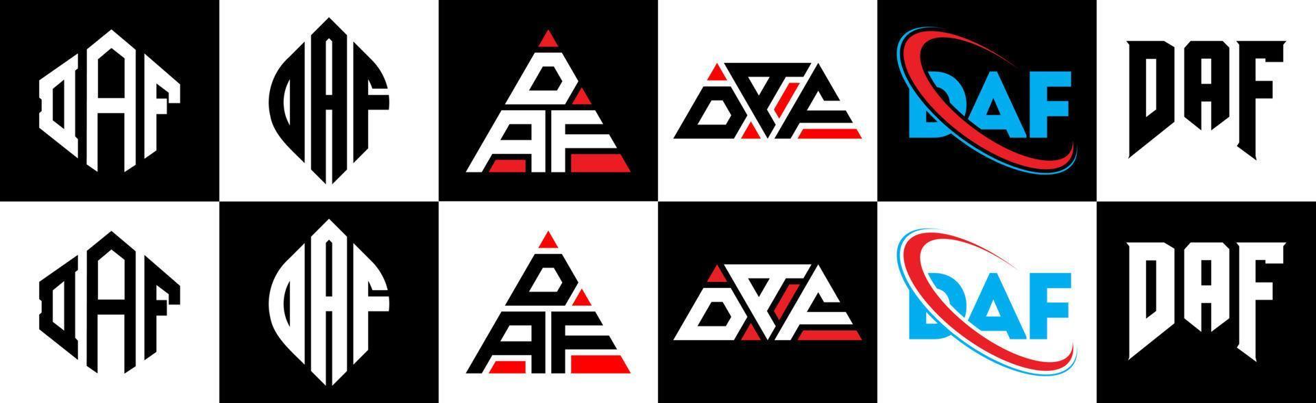 diseño de logotipo de letra daf en seis estilos. polígono daf, círculo, triángulo, hexágono, estilo plano y simple con logotipo de letra de variación de color blanco y negro en una mesa de trabajo. logotipo minimalista y clásico daf vector