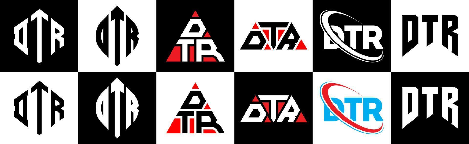 DTR letter logo design in six style. DTR polygon, circle, triangle, hexagon, flat and simple style with black and white color variation letter logo set in one artboard. DTR minimalist and classic logo vector