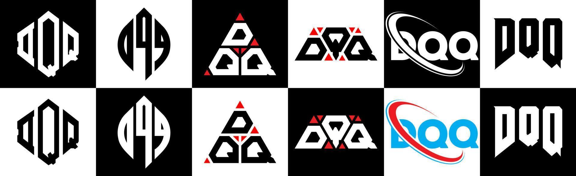 DQQ letter logo design in six style. DQQ polygon, circle, triangle, hexagon, flat and simple style with black and white color variation letter logo set in one artboard. DQQ minimalist and classic logo vector