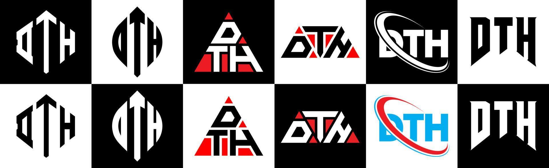 DTH letter logo design in six style. DTH polygon, circle, triangle, hexagon, flat and simple style with black and white color variation letter logo set in one artboard. DTH minimalist and classic logo vector