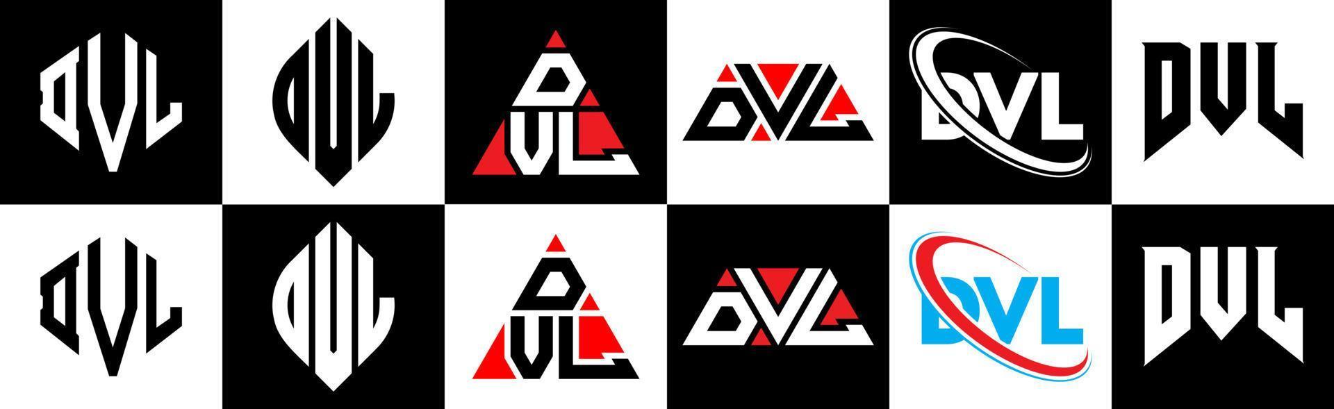 DVL letter logo design in six style. DVL polygon, circle, triangle, hexagon, flat and simple style with black and white color variation letter logo set in one artboard. DVL minimalist and classic logo vector