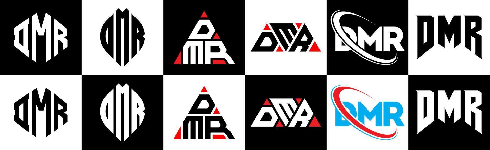 DMR letter logo design in six style. DMR polygon, circle, triangle, hexagon, flat and simple style with black and white color variation letter logo set in one artboard. DMR minimalist and classic logo vector