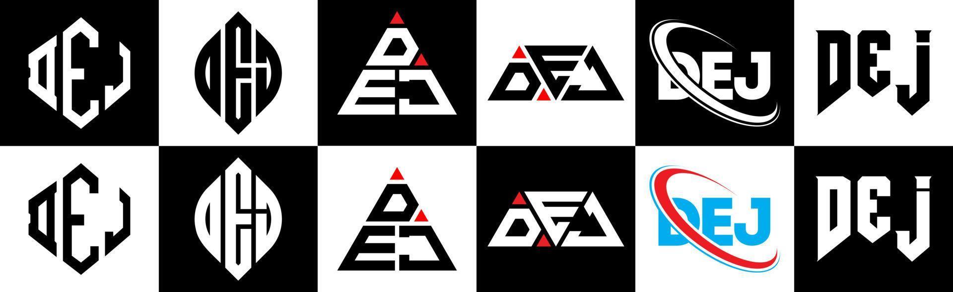 diseño de logotipo de letra dej en seis estilos. dej polígono, círculo, triángulo, hexágono, estilo plano y simple con logotipo de letra de variación de color blanco y negro en una mesa de trabajo. logo minimalista y clásico dej vector