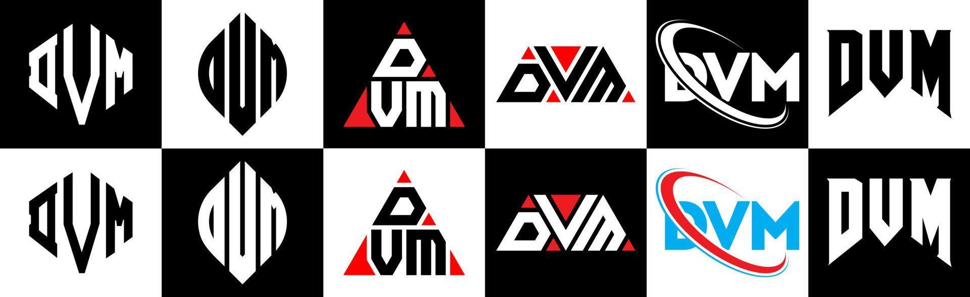 DVM letter logo design in six style. DVM polygon, circle, triangle, hexagon, flat and simple style with black and white color variation letter logo set in one artboard. DVM minimalist and classic logo vector