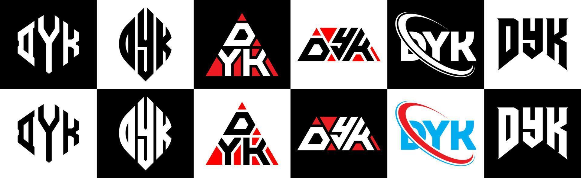 diseño de logotipo de letra dyk en seis estilos. polígono dyk, círculo, triángulo, hexágono, estilo plano y simple con logotipo de letra de variación de color blanco y negro en una mesa de trabajo. logo minimalista y clásico de dyk vector