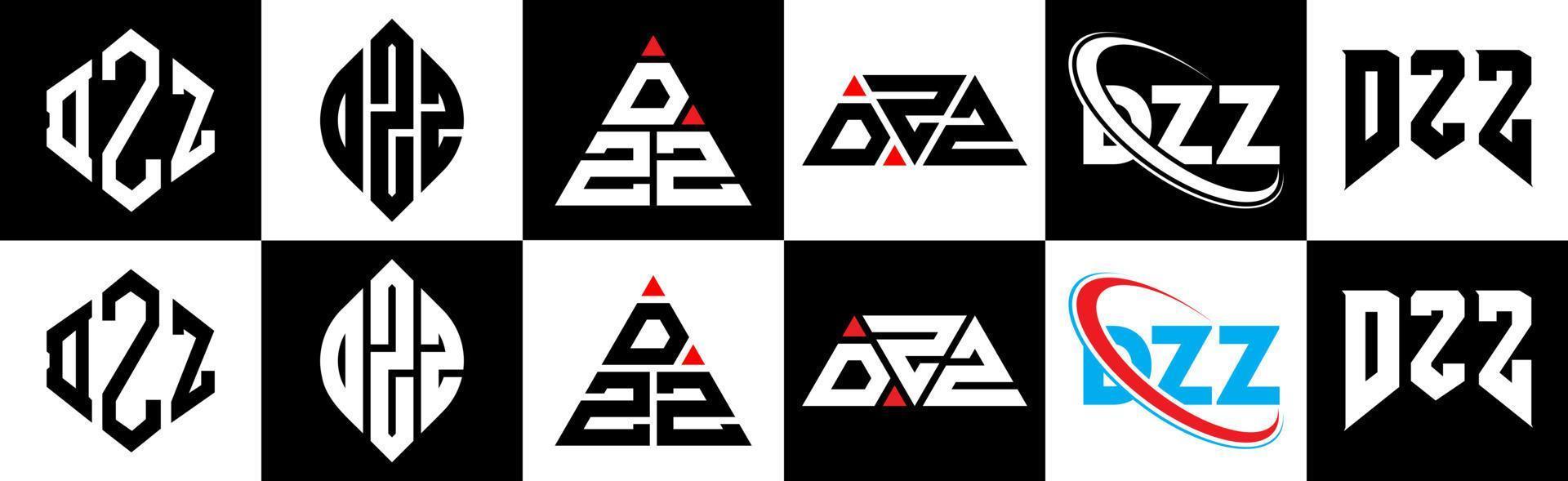 diseño de logotipo de letra dzz en seis estilos. polígono dzz, círculo, triángulo, hexágono, estilo plano y simple con logotipo de letra de variación de color blanco y negro en una mesa de trabajo. logotipo minimalista y clásico de dzz vector