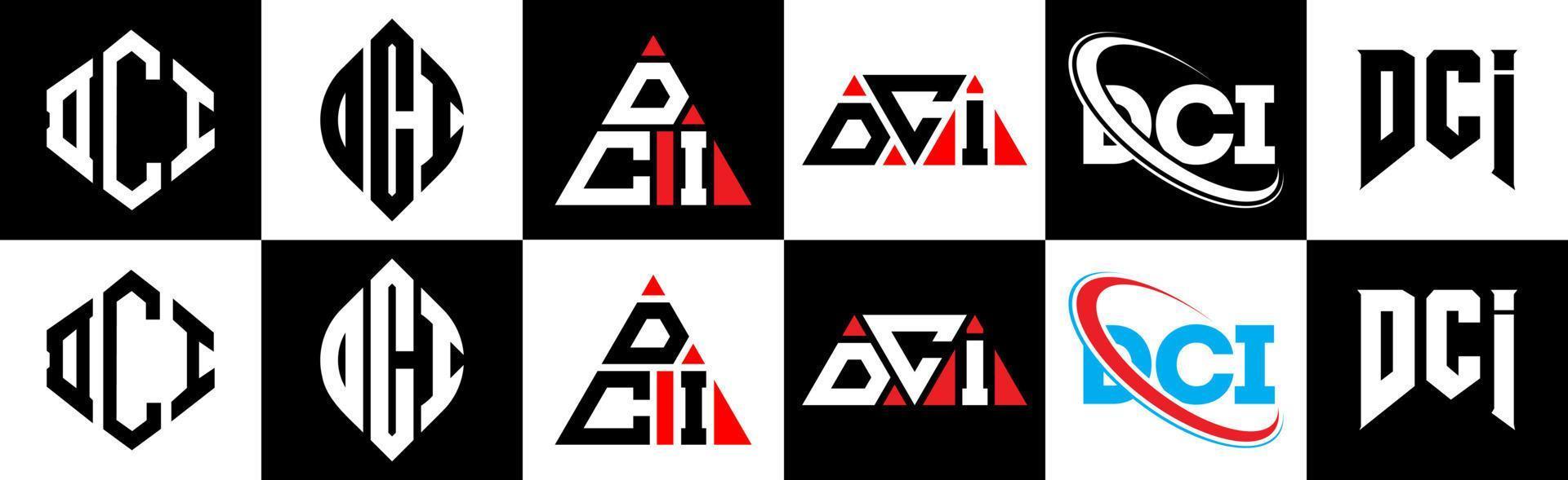 diseño de logotipo de letra dci en seis estilos. polígono dci, círculo, triángulo, hexágono, estilo plano y simple con logotipo de letra de variación de color blanco y negro en una mesa de trabajo. logotipo minimalista y clásico de dci vector