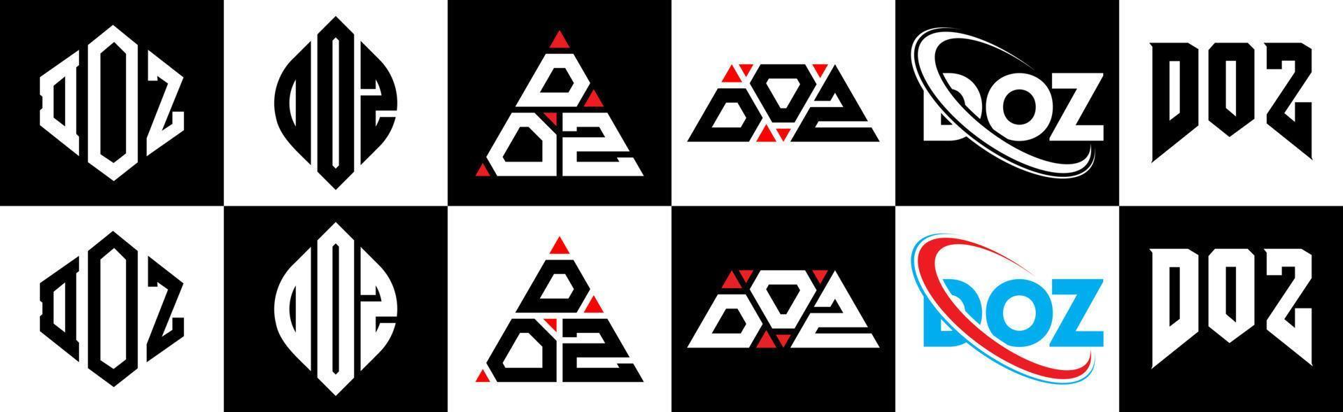 diseño de logotipo de letra doz en seis estilos. doz polígono, círculo, triángulo, hexágono, estilo plano y simple con logotipo de letra de variación de color blanco y negro en una mesa de trabajo. logotipo minimalista y clásico de doz vector